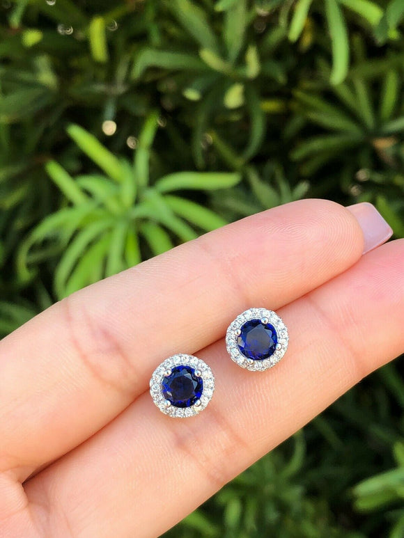 2.2Ct Round Cut Blue Sapphire Diamond Halo Stud Earrings 14K White Gold Finish