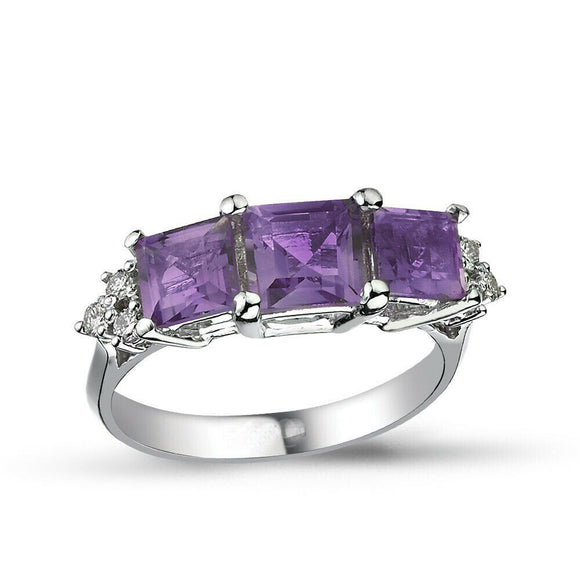 2.7ct Princess Cut Purple Amethyst Engagement Ring Trilogy 14k White Gold Finish