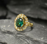 2.7ct Oval Cut Green Emerald Vintage Inspired Halo Ring 14k Yellow Gold Finish