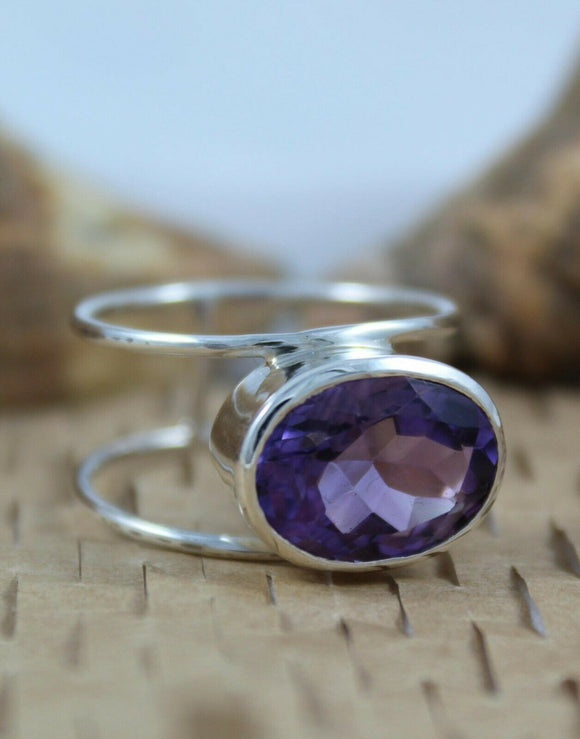 2ct Oval Cut Purple Amethyst Double Split Shank Ring 14k White Gold Finish