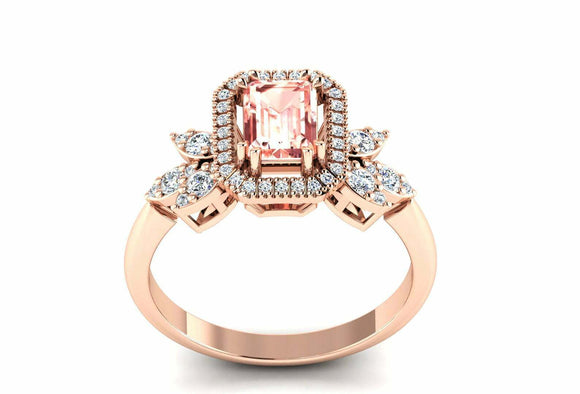 2ct Emerald Cut Morganite Diamond Halo Floral Engagement Ring 14k Rose Gold Over