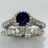 3ct Round Cut Purple Amethyst Engagement Ring Halo Bridal Set 14k WhiteGold Over