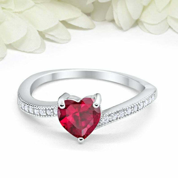 1ct Heart Cut Pink Ruby Engagement Ring Round Diamond Accent 14k White Gold Over