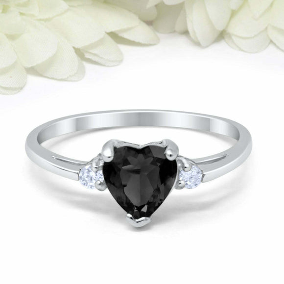 1ct Heart Black Diamond Engagement Ring Trilogy Minimalist 14k White Gold Finish