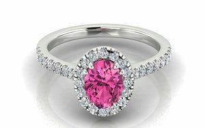 1.7ct Oval Cut Pink Sapphire Diamond Halo Engagement Ring 14k White Gold Finish