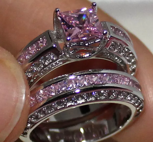 4Ct Princess Cut Pink Sapphire Diamond Bridal Set Ring Band 14K White Gold Over