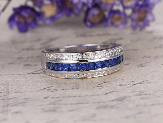 2ct Princess Cut Blue Sapphire Three Row Half Eternity Band 14k WhiteGold Finish