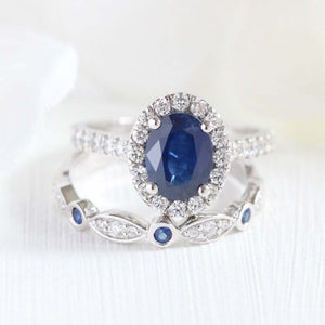 2.5ct Oval Cut Blue Sapphire Bridal Set Band Engagement Ring 18k White Gold Over