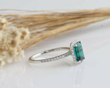 1.5ct Green Emerald Cut Halo Solitaire with Accents Ring 14k White Gold Finish