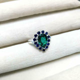 2ct Engagement Ring Pear Cut Green Emerald Blue Sapphire Halo 14k WhiteGold Over