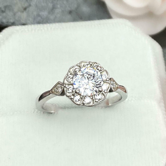 1.5ct Engagement Ring Round Cut Diamond Vintage Inspired Halo 14k WhiteGold Over