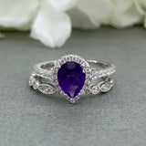 1.6ct Pear Purple Amethyst Halo Bridal Set Engagement Ring 14k White Gold Finish