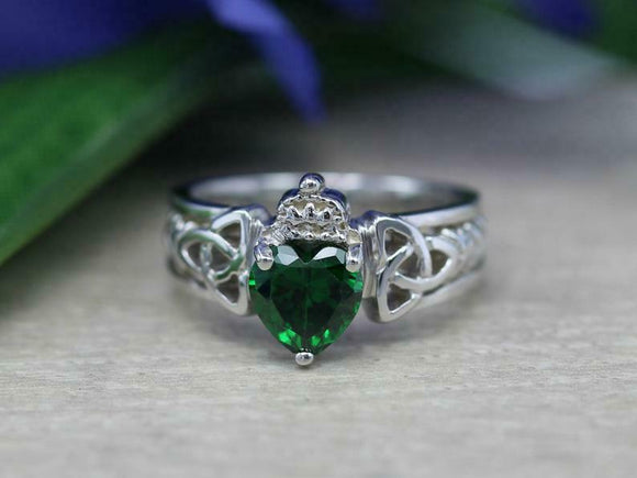 1ct Heart Cut Green Emerald Engagement Ring Celtic Trinity 14k White Gold Finish