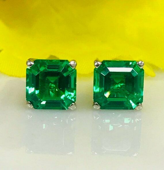 1ct Asscher Cut Green Emerald Solitaire Stud Women Earrings 14k WhiteGold Finish