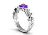 2ct Round Cut Amethyst Flower Stylish Solitaire Accents Ring 14k White Gold Over