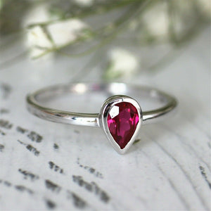 1Ct Pear Cut Pink Ruby Bezel Set Solitaire Engagement Ring 14K White Gold Finish