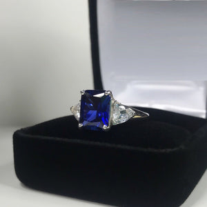 2ct Trillion Diamond Blue Sapphire Trilogy Engagement Ring 14k White Gold Finish