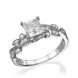 2ct Princess Diamond Floral Leaf Solitaire with Accent Ring 14k WhiteGold Finish