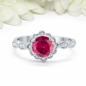 2ct Round Cut Pink Ruby Engagement Ring Vintage Halo Art Deco 14k WhiteGold Over