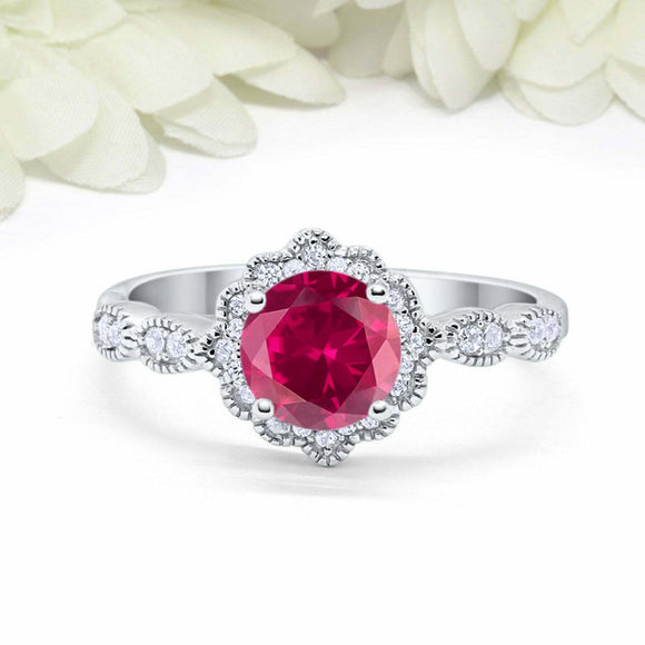 2ct Round Cut Pink Ruby Engagement Ring Vintage Halo Art Deco 14k WhiteGold Over