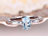 1ct Oval Cut Blue Aquamarine Bamboo Design Engagement Ring 14k White Gold Finish