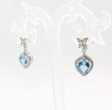 2.7ct Drop Earrings Heart Cut Blue Topaz Floral Halo 14k White Gold Finish