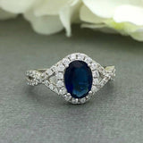 2ct Oval Cut Blue Sapphire Halo Infinity Engagement Ring 14k White Gold Finish