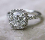 3Ct Cushion Cut Diamond Halo Engagement Ring 18K White Gold Finish Round Accents