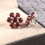 2ct Stud Earrings Round Cut Red Garnet Floral Halo Design 14k White Gold Finish