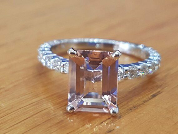 1.5ct Emerald Cut Peach Morganite Solitaire Engagement Ring 14k WhiteGold Finish