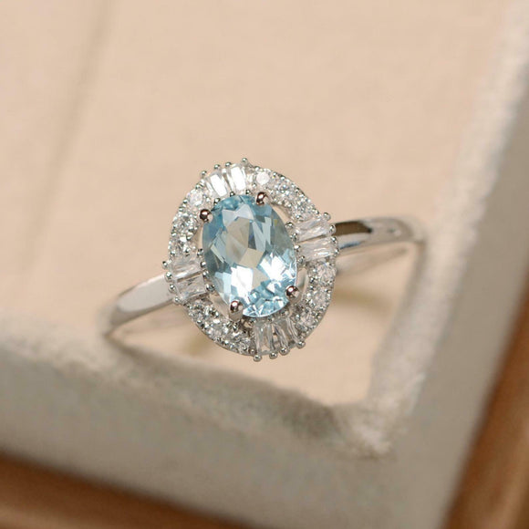 2ct Oval Cut Blue Aquamarine Engagement Ring Stylish Halo 14k White Gold Finish