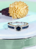 2ct Round Cut Blue Sapphire Halo Ring 14k White Gold Finish with Princess Accent