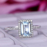 2.2ct Emerald Cut Blue Aquamarine Engagement Ring Halo 14k White Gold Finish