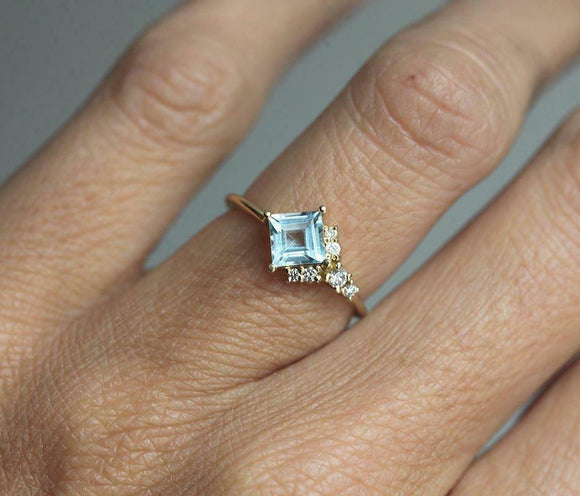 1.2ct Princess Cut Blue Aquamarine Engagement Ring Stylish 14k Yellow Gold Over