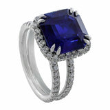 4Ct Asscher Cut Blue Sapphire Split Band Halo Engagement Ring 14K WhiteGold Over