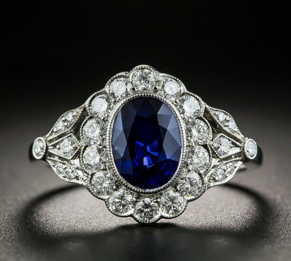 3ct Oval Cut Blue Sapphire Engagement Ring 14k White Gold Over Art Deco Cocktail