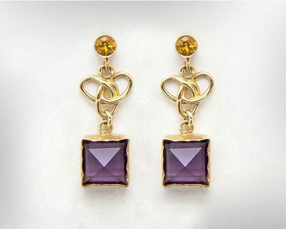 2ct Princess Purple Amethyst Celtic Trinity Drop Earrings 14k Yellow Gold Finish