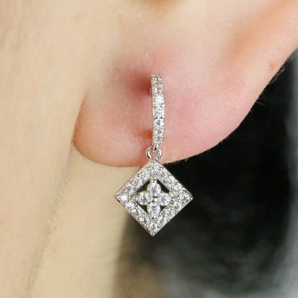 1.1ct Round Cut Diamond Stylish Inverted Square Drop Earring 14k White Gold Over