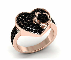 Flower Heart Engagement Ring 2.5ct Round Cut Black Diamond 14k Rose Gold Finish