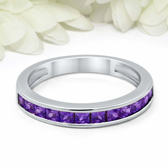 2ct Princess Amethyst Wedding Band Channel Set Half Eternity 14k White Gold Over