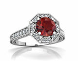 2ct Round Cut Red Garnet Vintage Inspired Starburst Ring 14k White Gold Finish