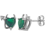 1.5ct Stud Earrings Heart Cut Green Emerald Devil Design 14k White Gold Finish