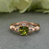 1.5ct Heart Cut Green Peridot Claddagh Design Engagement Ring 14k Rose Gold Over