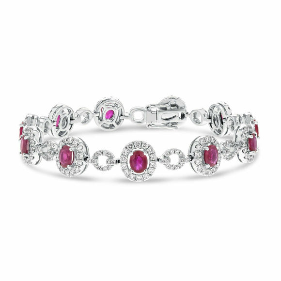 25ct Oval Cut Pink Ruby Halo Short Link Tennis Bracelet 14k White Gold Finish