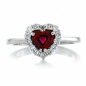 1.5ct Heart Cut Red Ruby Halo Solitaire Engagement Ring 14k White Gold Finish