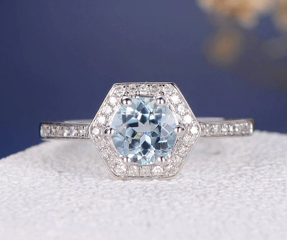 2ct Round Cut Blue Aquamarine Engagement Ring Halo Diamond 14k White Gold Finish