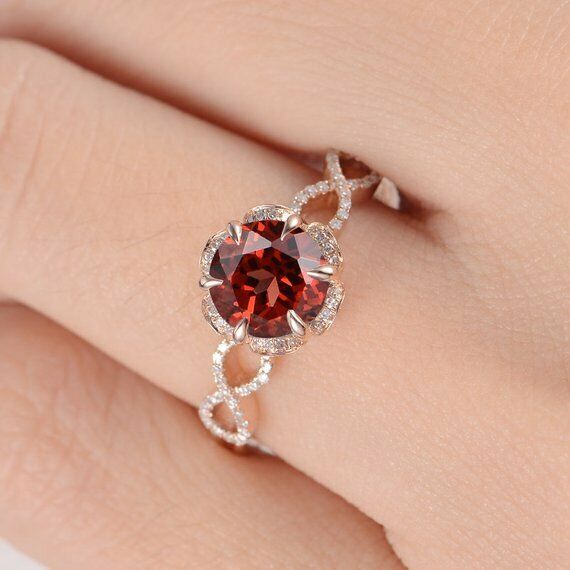 2ct Round Cut Red Garnet Engagement Ring 14k Rose Gold Over Halo Infinity Design