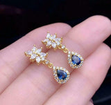 2.1ct Drop Earrings Pear Cut Blue Sapphire Halo Cluster 14k Yellow Gold Finish