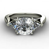 2ct Cushion Cut Diamond Trillion SideStone Engagement Ring 14k White Gold Finish