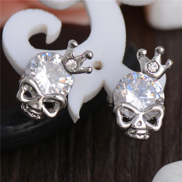 1.5Ct Round Cut Diamond Crowned Skull Skeleton Stud Earrings 14K White Gold Over